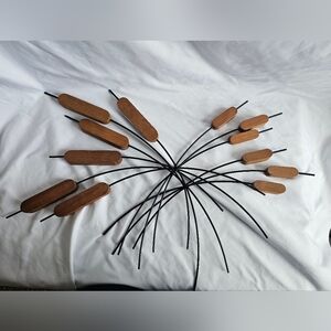 Decorative Wooden Wall Art with Black Stems Cat Tails Mid-Century Modern